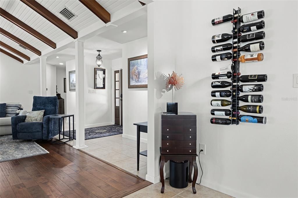 Interior, Pendant Lights, Recessed Lighting, Wine Storage, Wooden Beams, Wood Texture Flooring