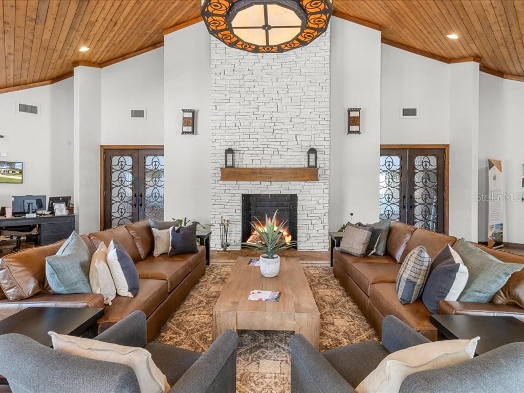 Fireplace, Interior, Living room, Recessed Lighting, Stone Walls, Wooden Ceilings