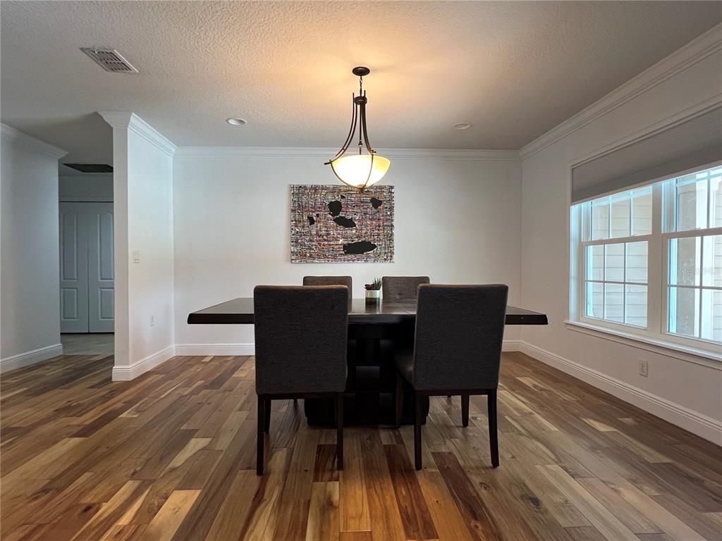 Dining room, Interior, Pendant Lights, Recessed Lighting, Wood Texture Flooring