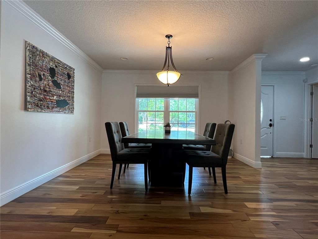 Dining room, Interior, Pendant Lights, Recessed Lighting, Wood Texture Flooring