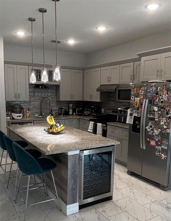 Interior, Kitchen, Marble, Pendant Lights, Recessed Lighting, Stainless Steel Appliances
