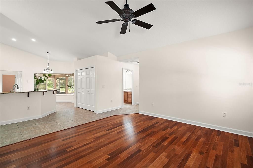 Empty room, Interior, Pendant Lights, Recessed Lighting, Wood Texture Flooring