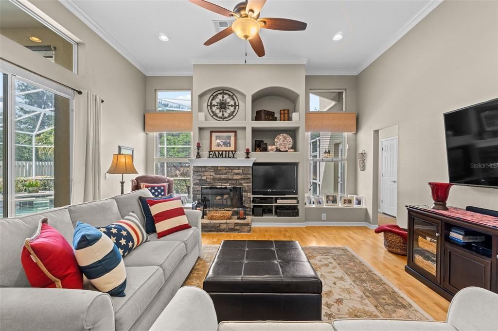 Fireplace, Interior, Living room, Recessed Lighting, Wood Texture Flooring