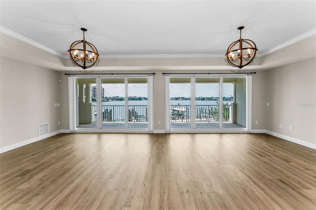 Chandelier, Empty room, Interior, Water, Wood Texture Flooring