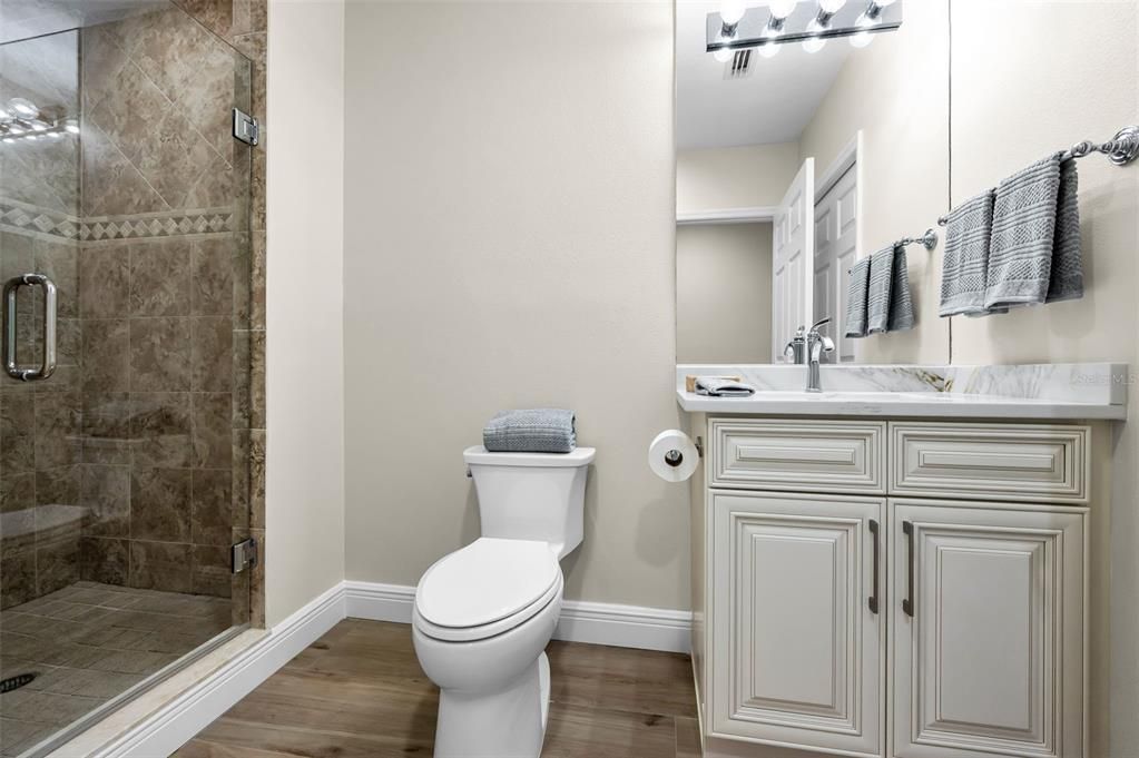 Bathroom, Glass Shower, Interior, Wood Texture Flooring