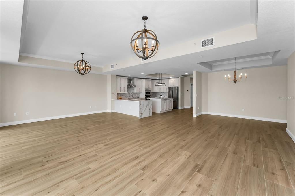 Chandelier, Empty room, Interior, Kitchen, Pendant Lights, Recessed Lighting, Wood Texture Flooring