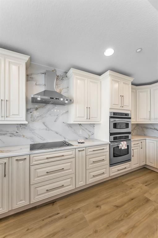 Interior, Kitchen, Marble Walls, Recessed Lighting, Wood Texture Flooring