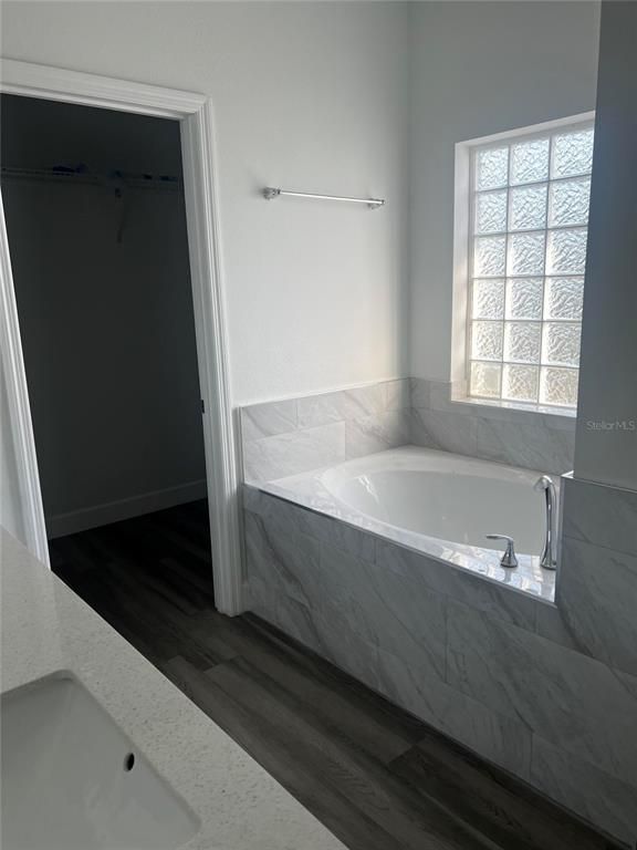 Bathroom, Interior, Marble Walls, Wood Texture Flooring