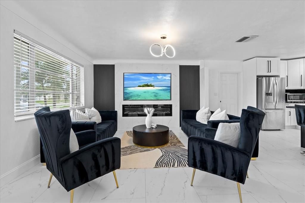 Interior, Kitchen, Living room, Marble, Pendant Lights, Stainless Steel Appliances