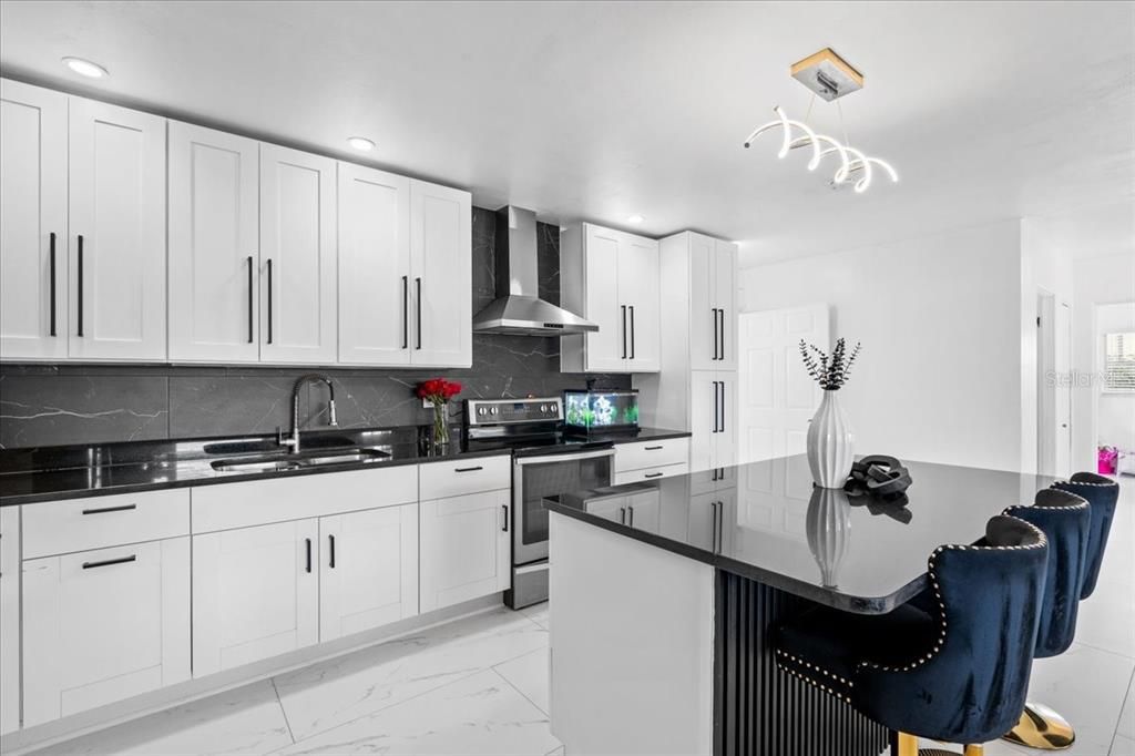 Interior, Kitchen, Marble, Pendant Lights, Recessed Lighting, Stainless Steel Appliances