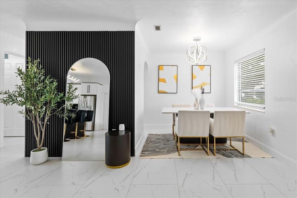 Dining room, Interior, Marble, Pendant Lights