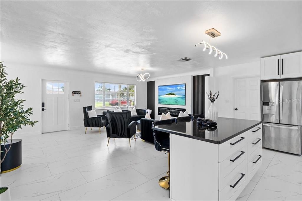 Dining room, Interior, Kitchen, Living room, Marble, Pendant Lights, Stainless Steel Appliances, Water