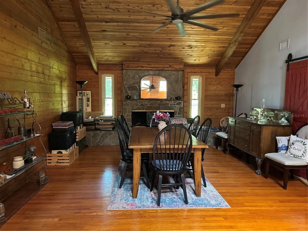 Dining room, Fireplace, Interior, Wooden Beams, Wooden Ceilings, Wood Texture Flooring, Wooden Walls