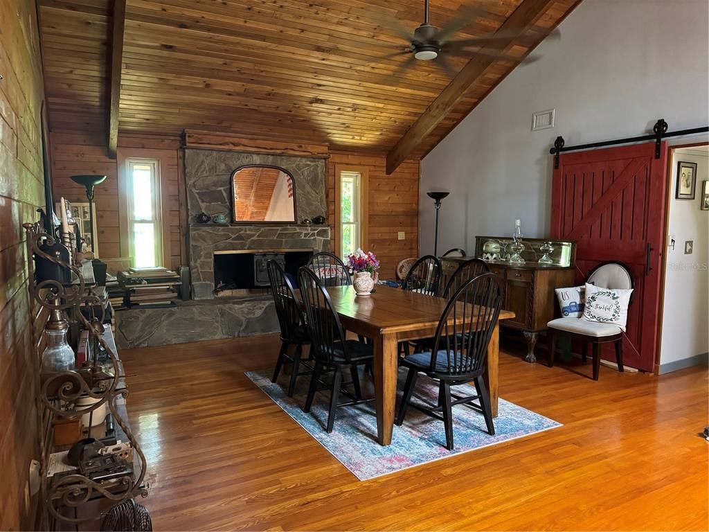 Dining room, Fireplace, Interior, Wooden Beams, Wooden Ceilings, Wood Texture Flooring, Wooden Walls