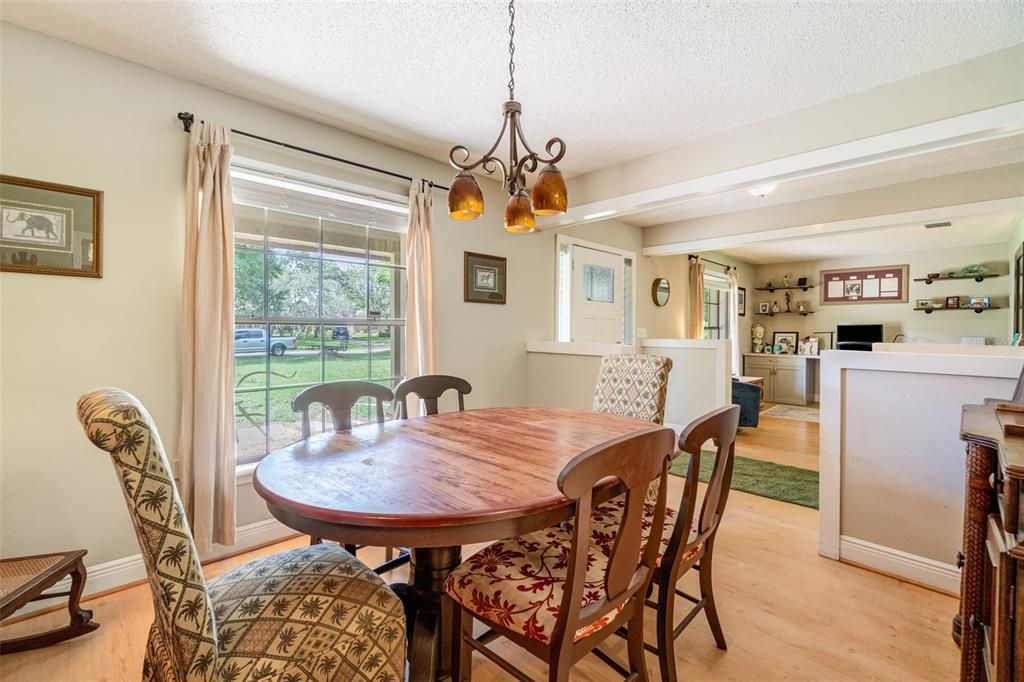 Dining room, Fireplace, Interior, Pendant Lights, Wood Texture Flooring