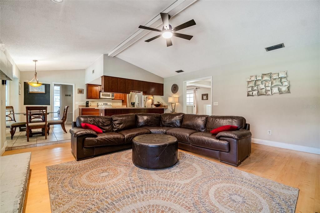 Dining room, Interior, Kitchen, Living room, Pendant Lights, Stainless Steel Appliances, Wood Texture Flooring