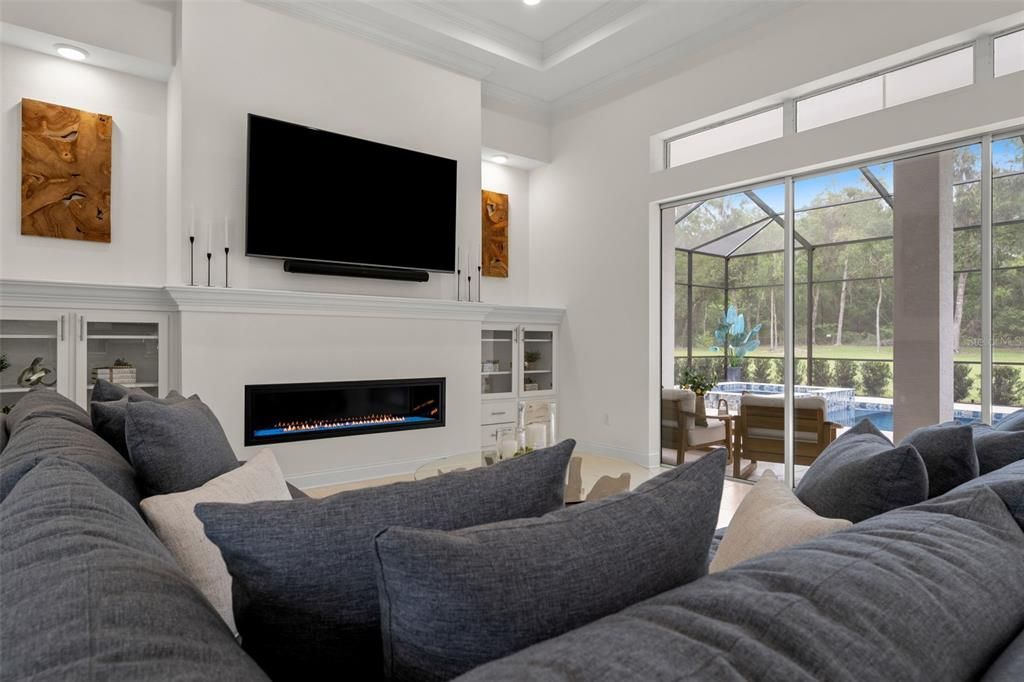 Fireplace, Interior, Living room, Recessed Lighting, Sun Room