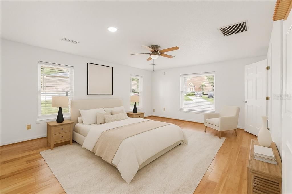 Bedroom, Interior, Recessed Lighting, Wood Texture Flooring