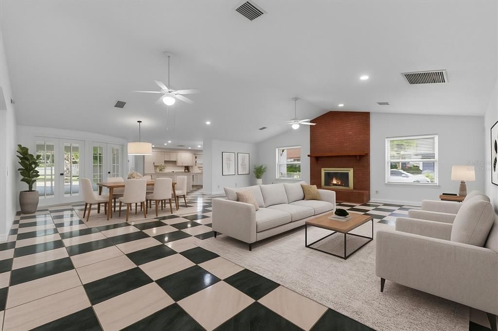 Dining room, Fireplace, Interior, Kitchen, Living room, Pendant Lights, Recessed Lighting, Stone Walls