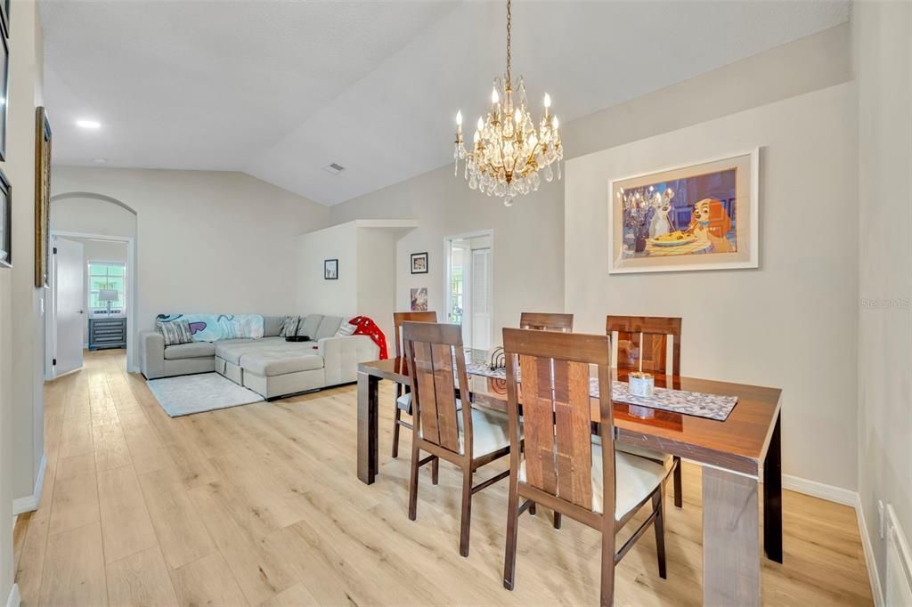 Chandelier, Dining room, Interior, Living room, Recessed Lighting, Wood Texture Flooring