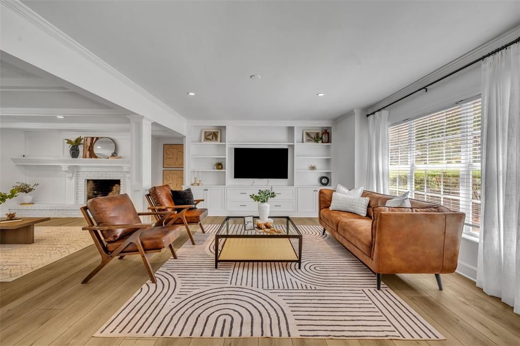 Fireplace, Interior, Living room, Recessed Lighting, Wood Texture Flooring