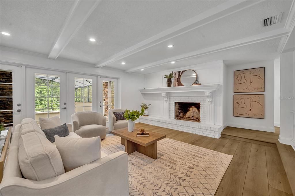 Fireplace, Interior, Living room, Recessed Lighting, Wood Texture Flooring