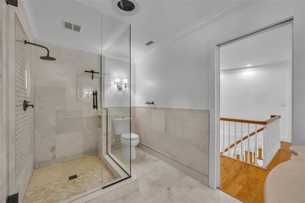 Bathroom, Glass Shower, Interior, Marble, Recessed Lighting, Wood Texture Flooring