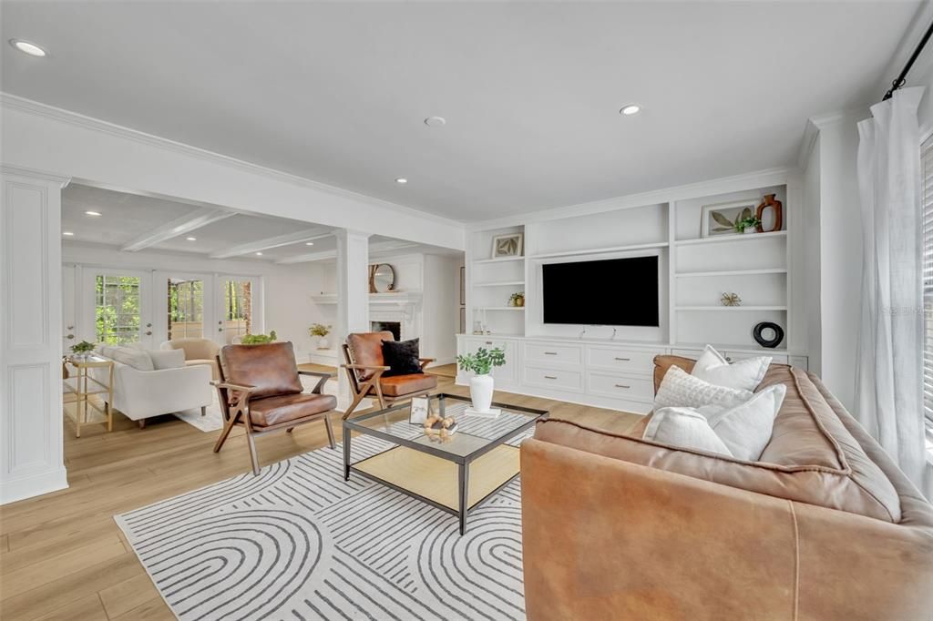 Fireplace, Interior, Living room, Recessed Lighting, Wood Texture Flooring