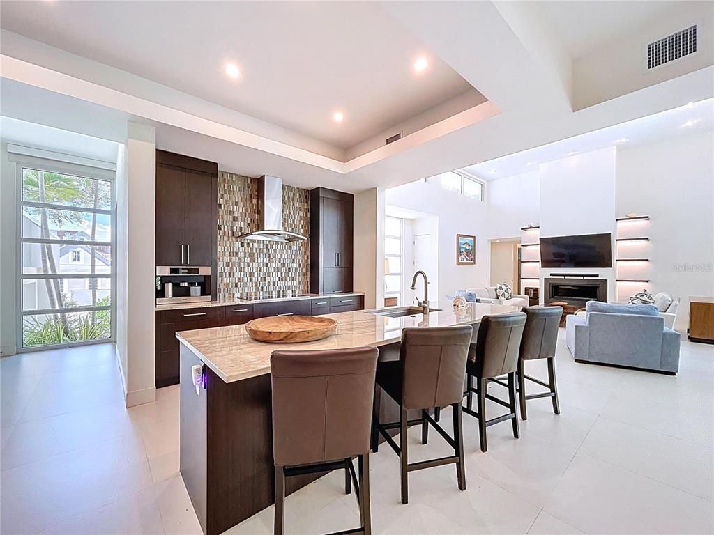 Fireplace, Interior, Kitchen, Living room, Recessed Lighting