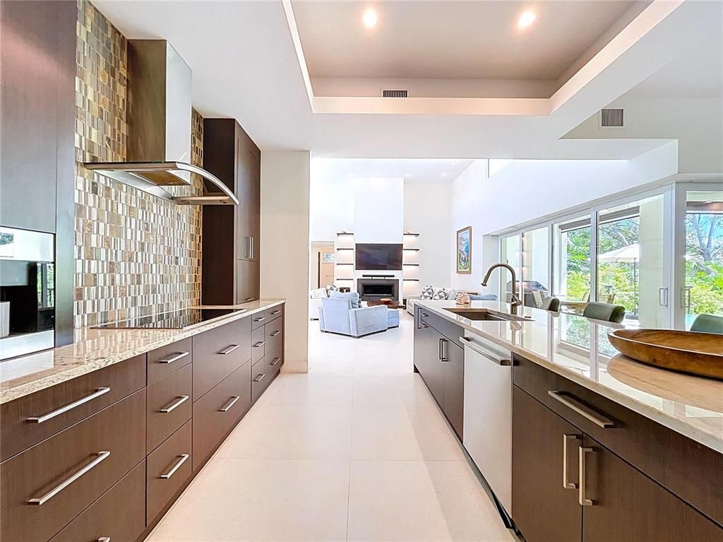 Fireplace, Interior, Kitchen, Living room, Recessed Lighting, Stainless Steel Appliances