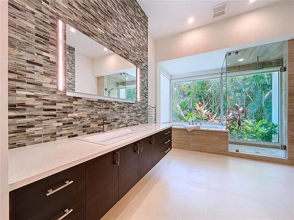 Bathroom, Dual Sink Vanities, Interior, Recessed Lighting, Wooden Walls