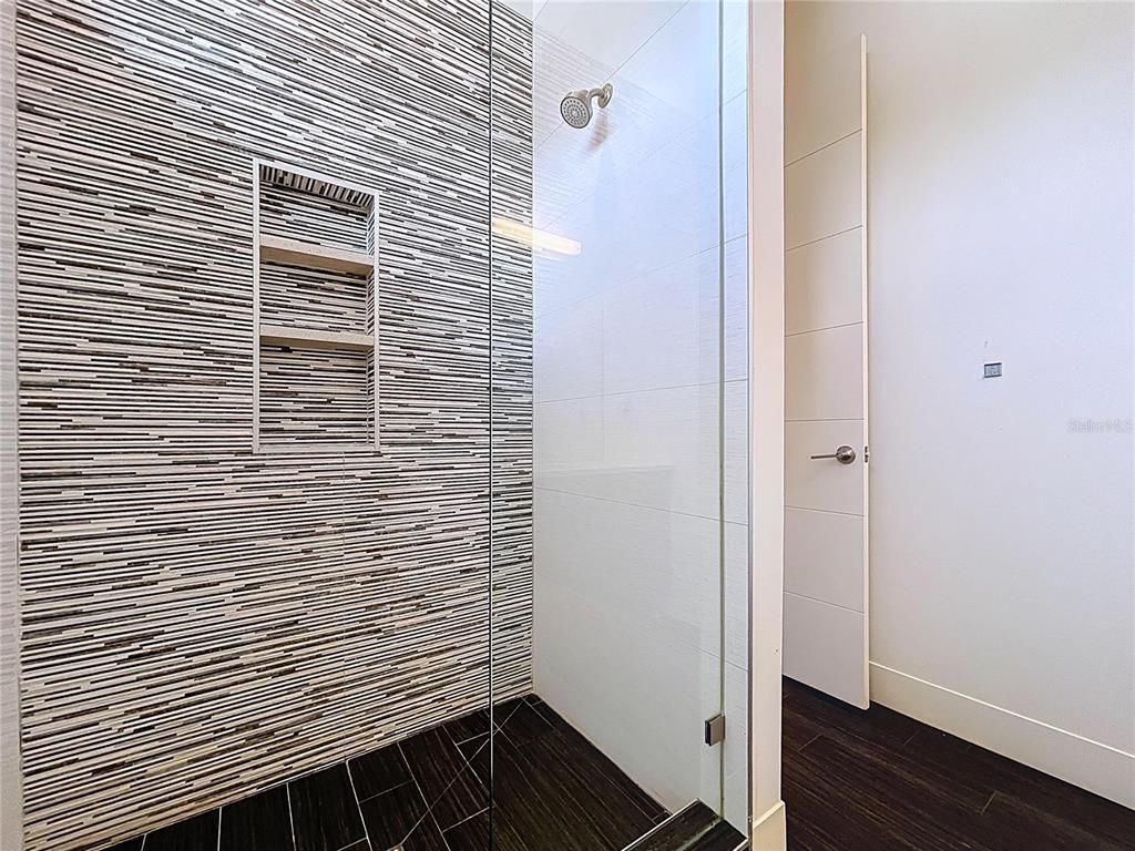 Bathroom, Glass Shower, Interior, Wood Texture Flooring