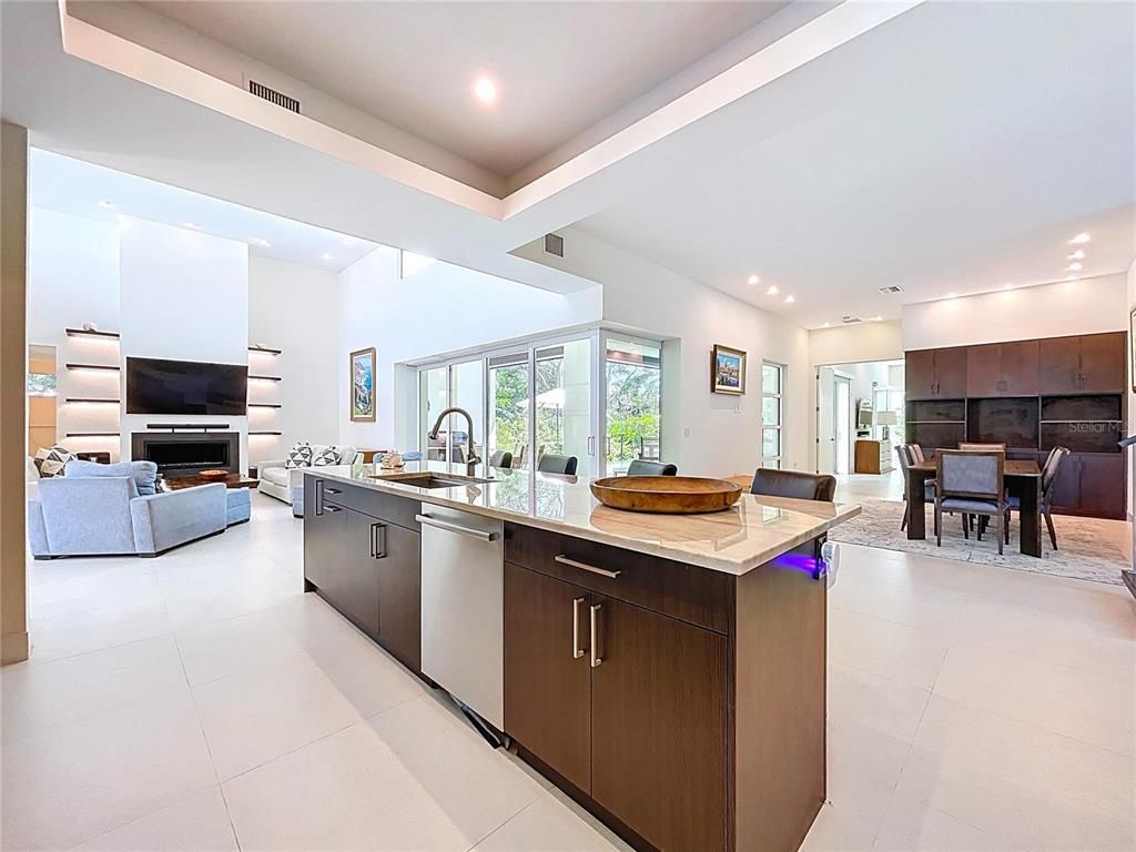 Dining room, Fireplace, Interior, Kitchen, Living room, Recessed Lighting, Stainless Steel Appliances