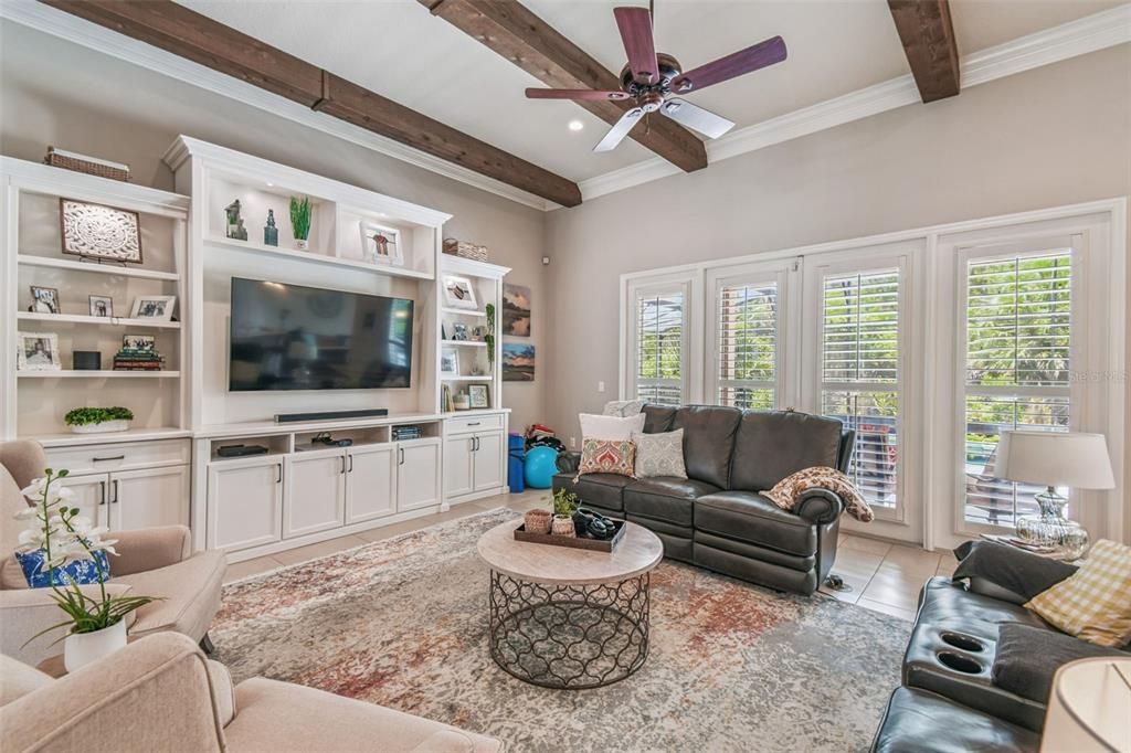 Interior, Living room, Recessed Lighting, Wooden Beams