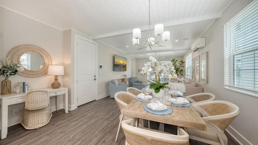 Dining room, Interior, Pendant Lights, Recessed Lighting, Wood Texture Flooring