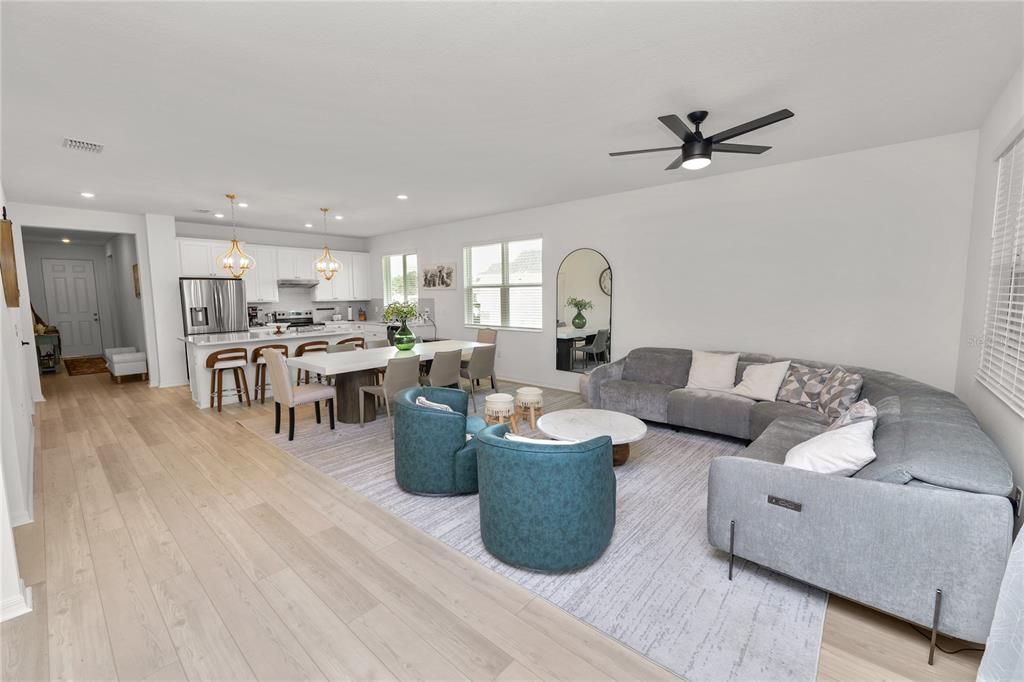 Dining room, Interior, Kitchen, Living room, Pendant Lights, Recessed Lighting, Wood Texture Flooring
