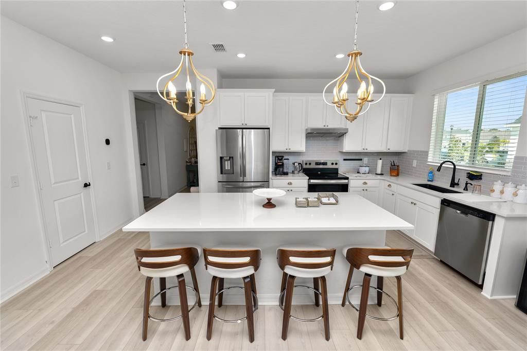 Interior, Kitchen, Pendant Lights, Recessed Lighting, Stainless Steel Appliances, Wood Texture Flooring