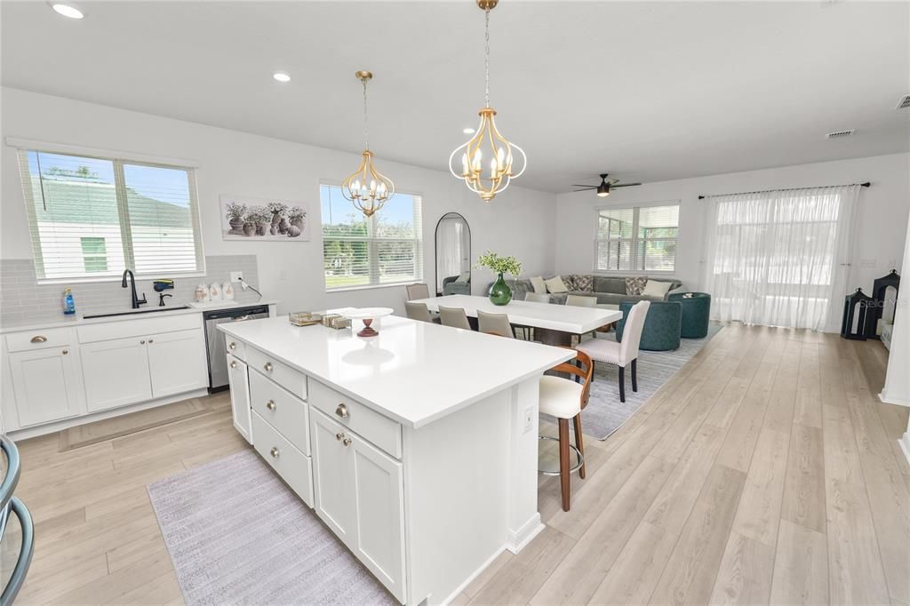 Dining room, Interior, Kitchen, Living room, Pendant Lights, Recessed Lighting, Wood Texture Flooring