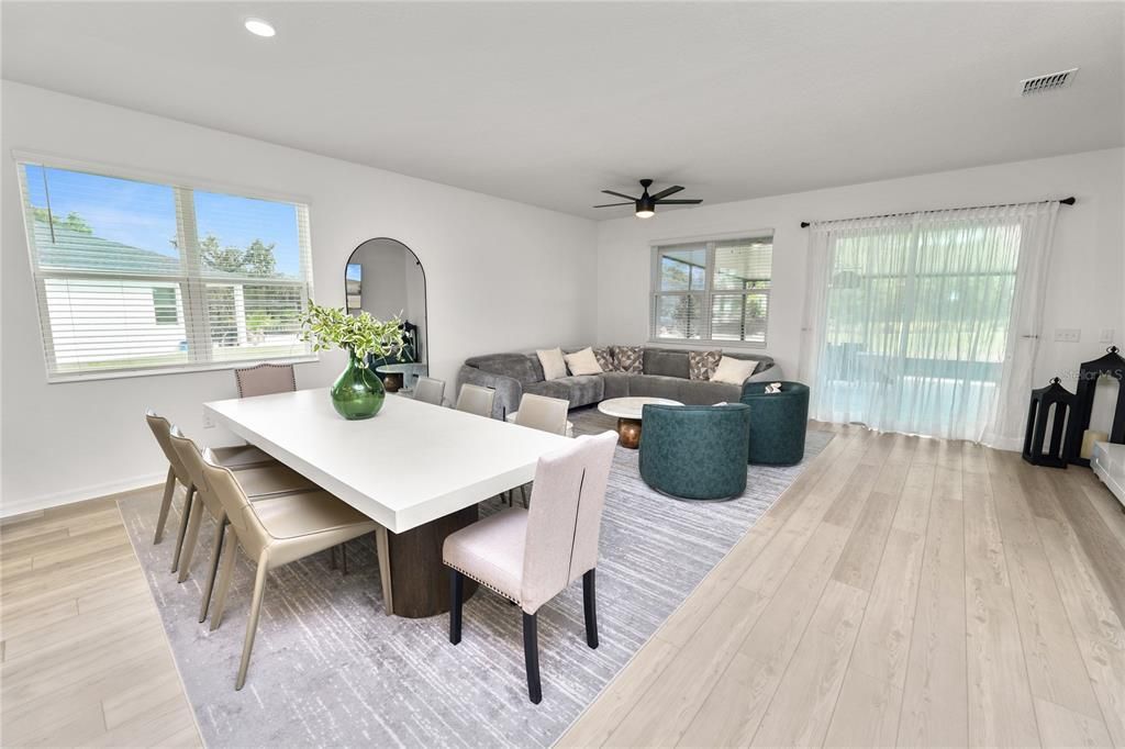 Dining room, Interior, Living room, Recessed Lighting, Wood Texture Flooring