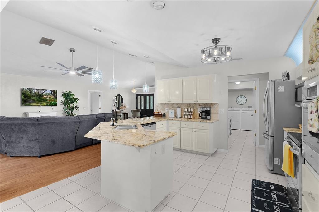 Interior, Kitchen, Living room, Pendant Lights, Wood Texture Flooring
