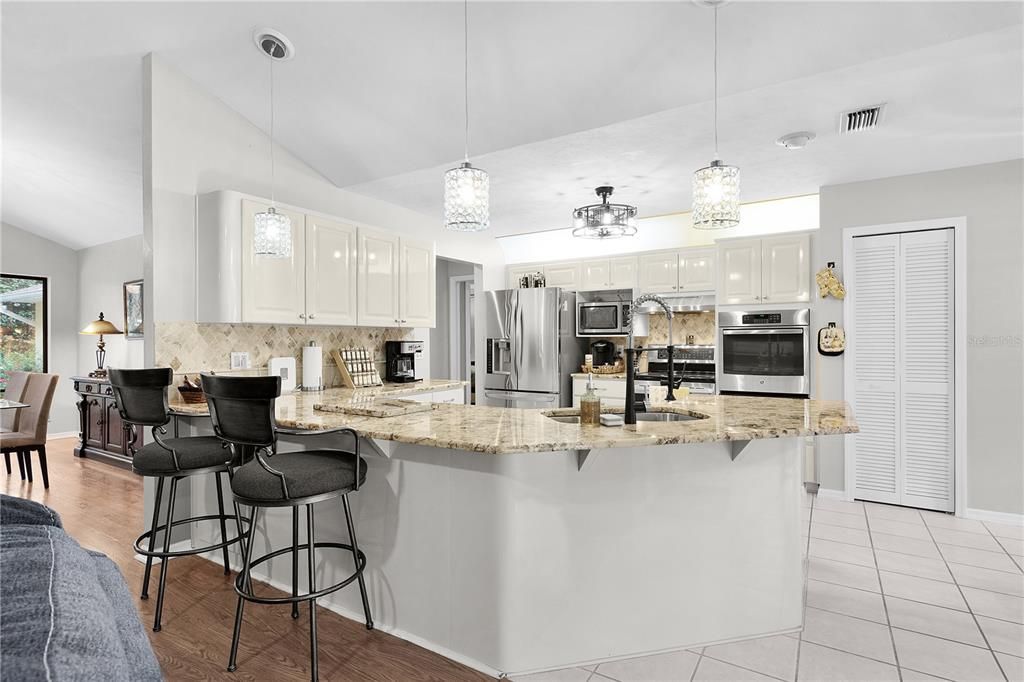 Interior, Kitchen, Pendant Lights, Stainless Steel Appliances, Wood Texture Flooring