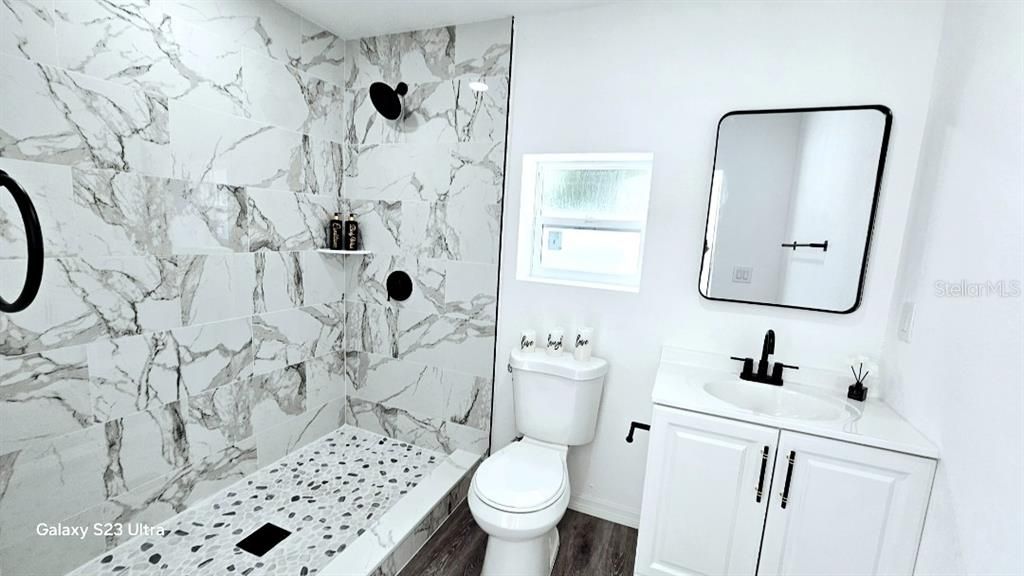 Bathroom, Interior, Marble Walls, Wood Texture Flooring