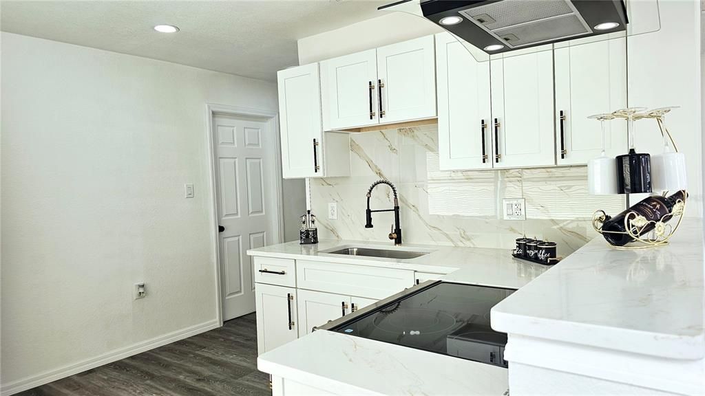 Interior, Kitchen, Marble Walls, Recessed Lighting, Wood Texture Flooring