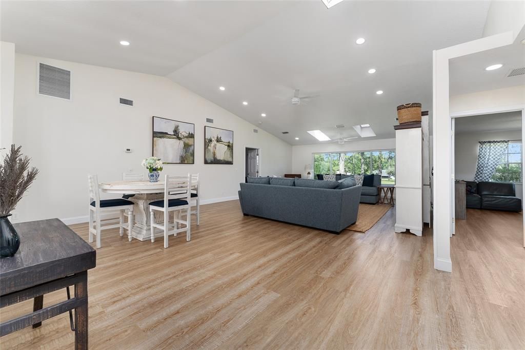 Dining room, Interior, Living room, Recessed Lighting, Wood Texture Flooring