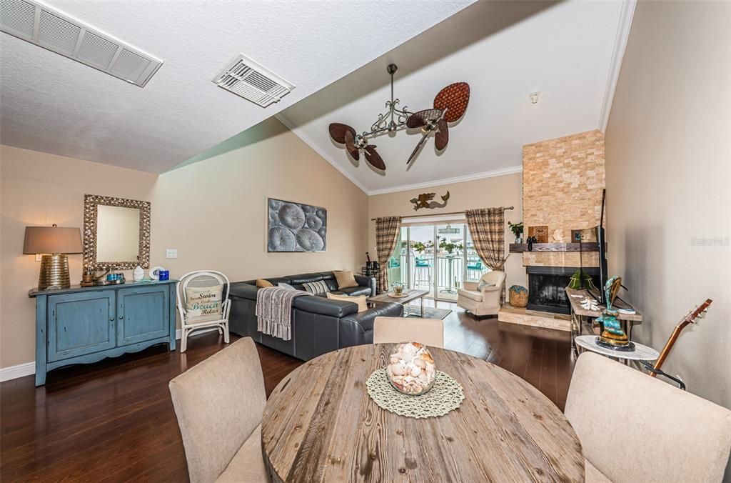 Dining room, Fireplace, Interior, Living room, Wood Texture Flooring