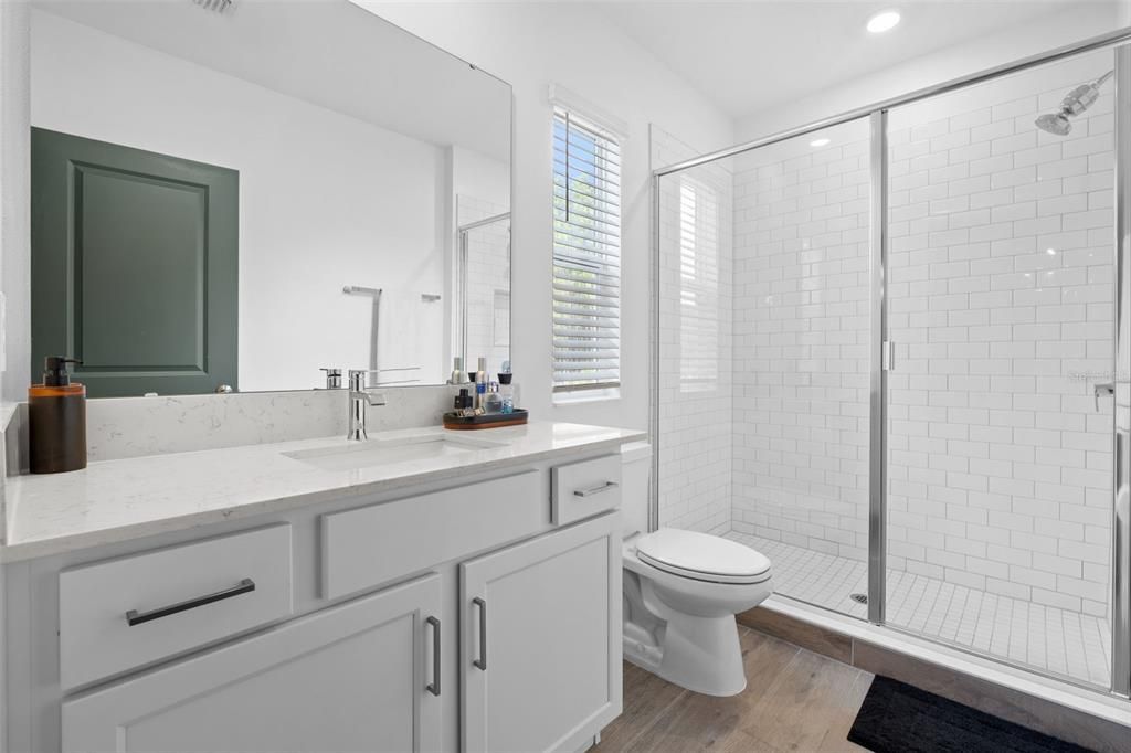 Bathroom, Glass Shower, Interior, Recessed Lighting, Wood Texture Flooring