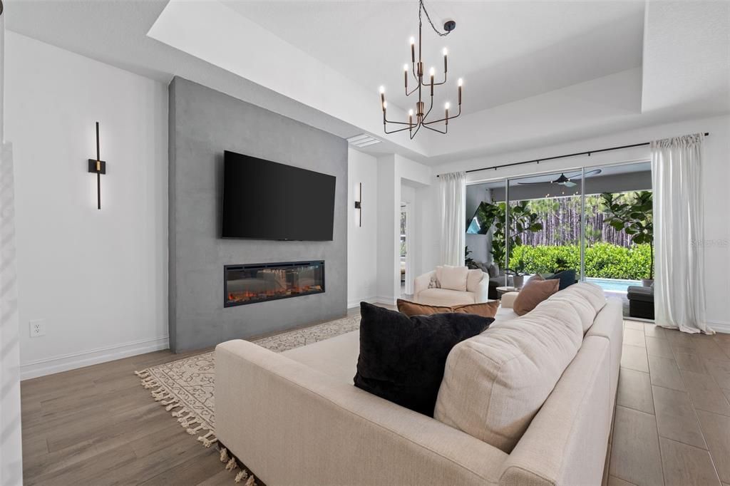 Fireplace, Interior, Living room, Pendant Lights, Wood Texture Flooring