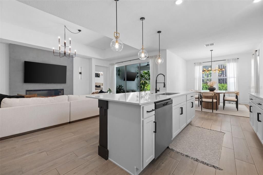 Dining room, Interior, Kitchen, Living room, Pendant Lights, Recessed Lighting, Wood Texture Flooring