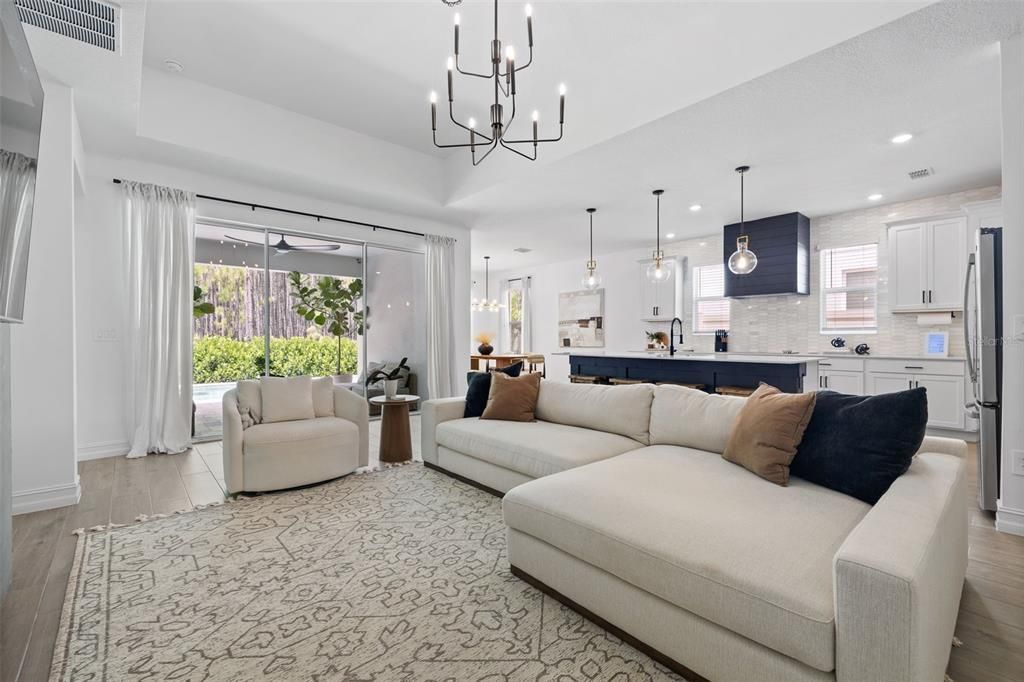 Billiard Table, Chandelier, Interior, Kitchen, Living room, Pendant Lights, Recessed Lighting, Wood Texture Flooring