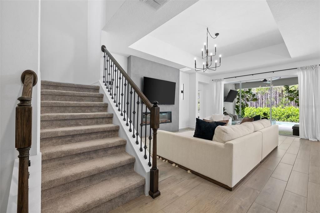 Chandelier, Fireplace, Interior, Living room, Pendant Lights, Wood Texture Flooring